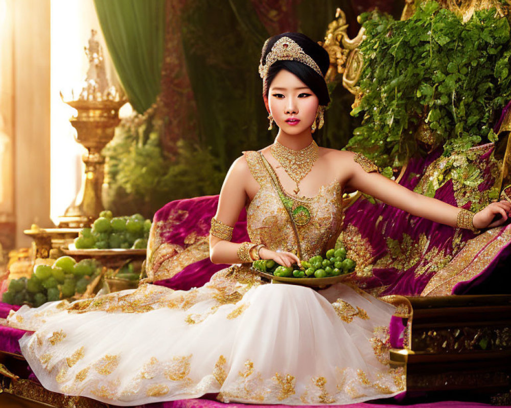 Woman in traditional attire on purple couch with grapes in opulent setting