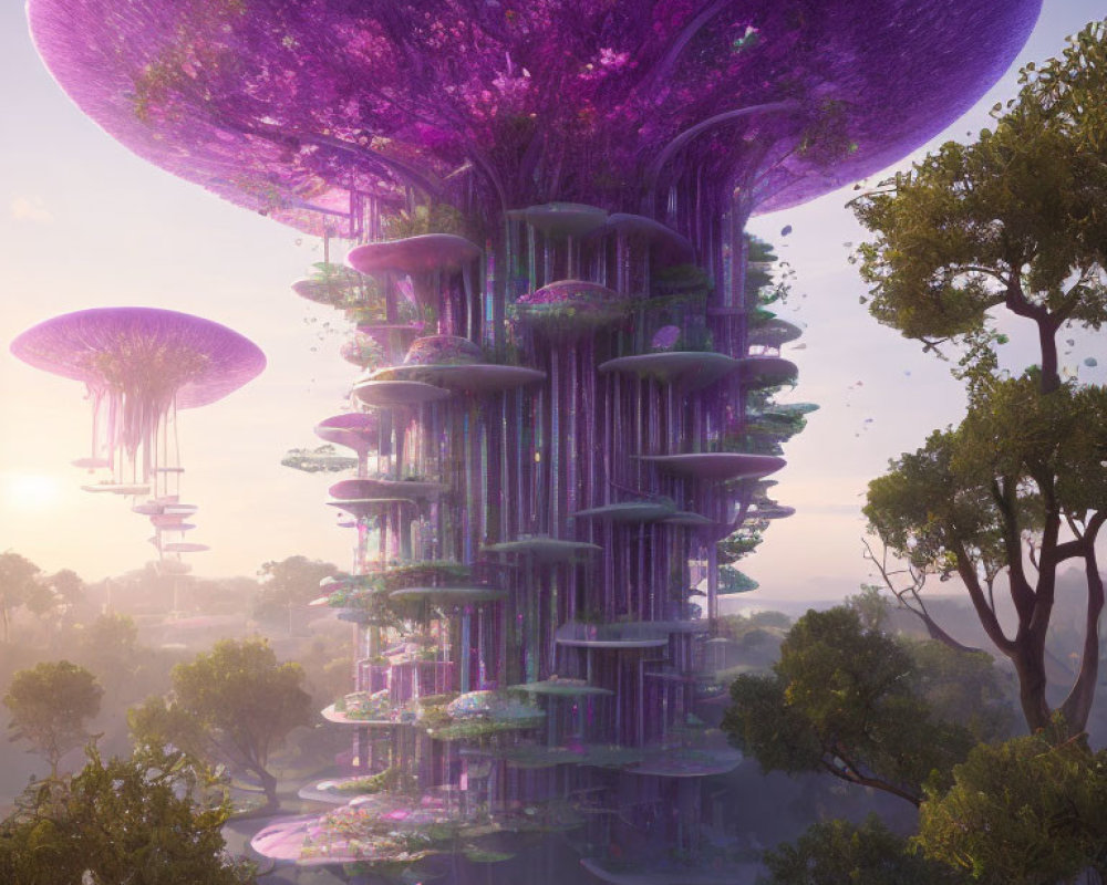 Futuristic multi-level tree structures in lush forest at sunrise