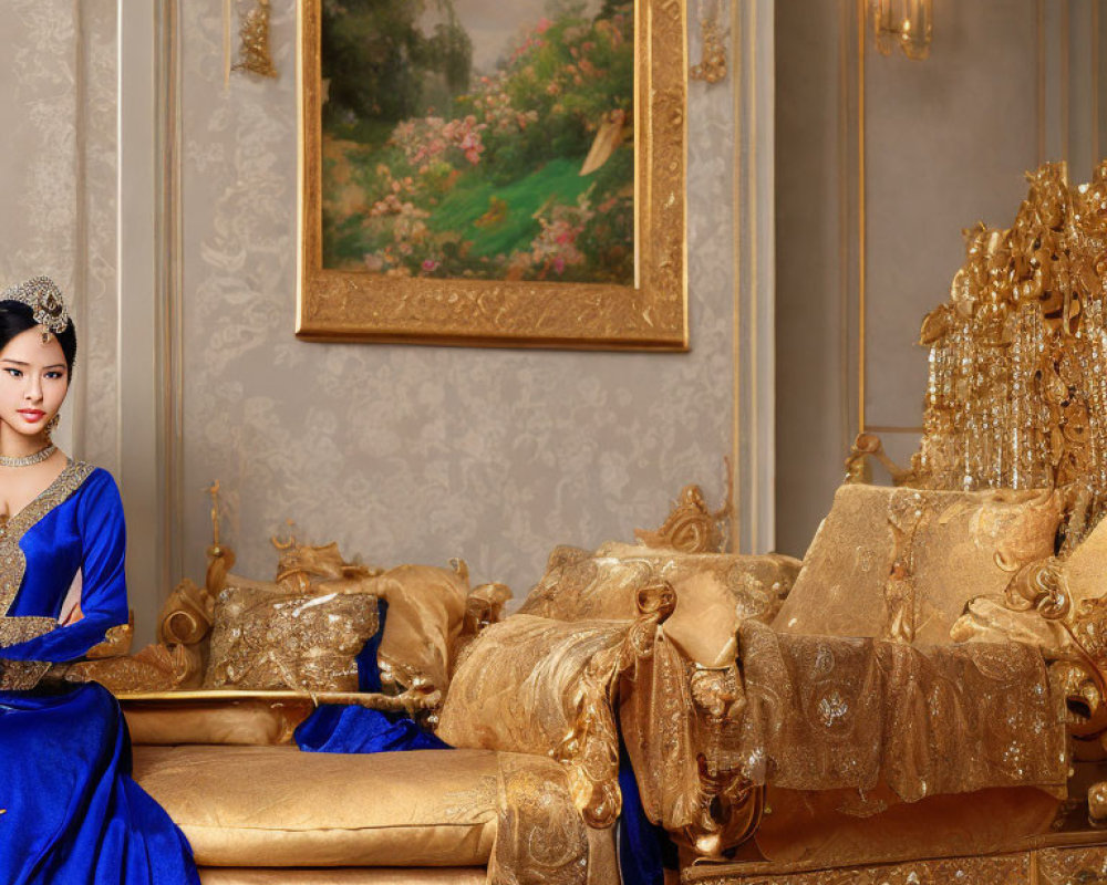 Elegant woman in blue dress on golden sofa in ornate room