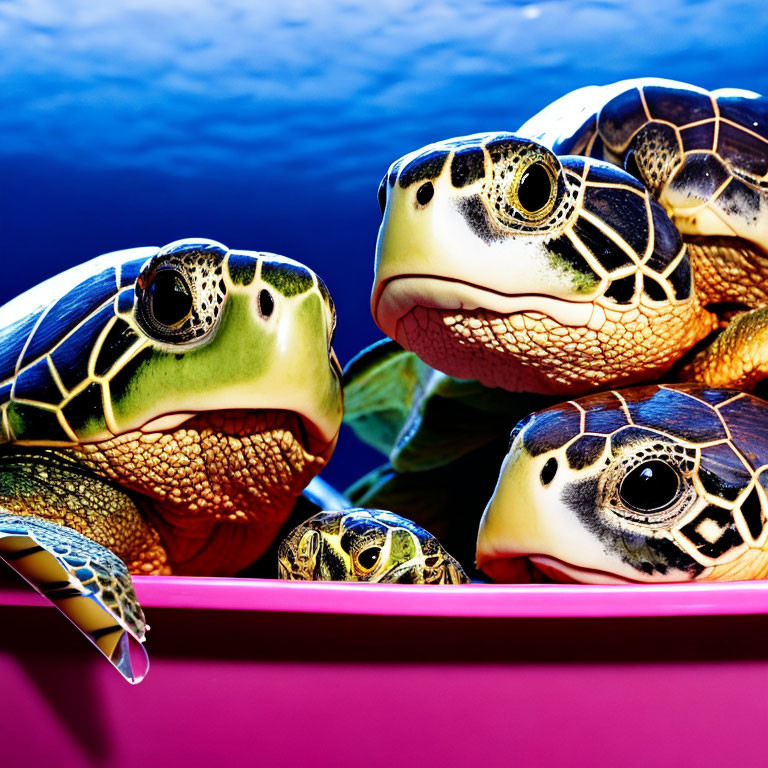 Three sea turtles in pink container against deep blue water.