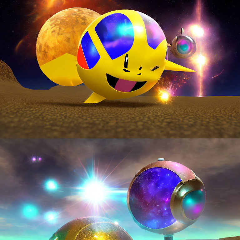 Colorful animated character with cosmic shell under night sky