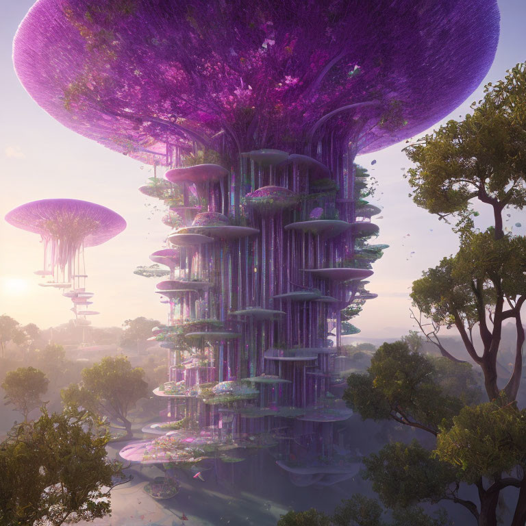 Futuristic multi-level tree structures in lush forest at sunrise