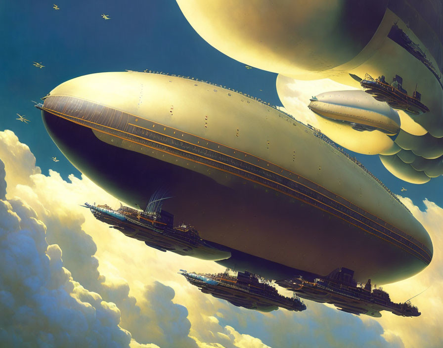 Retro-Futuristic Airships in Golden Sky