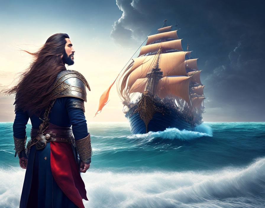 Warrior in armor gazes at sailing ship on choppy sea