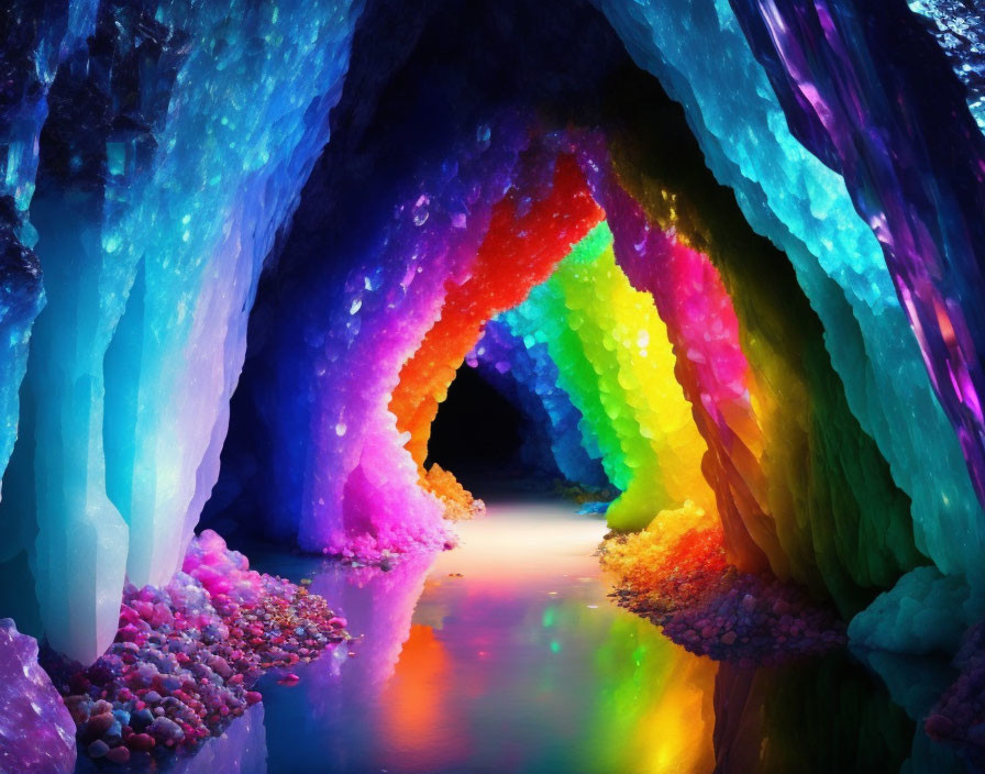 Colorful Crystal Cave Reflecting Various Hues on Water Surface