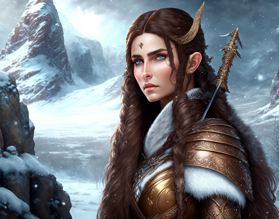 Fantasy artwork of woman in golden armor against snowy mountain