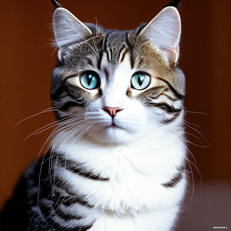 Detailed Close-Up of Black and Grey Striped Cat with White Fur and Green Eyes