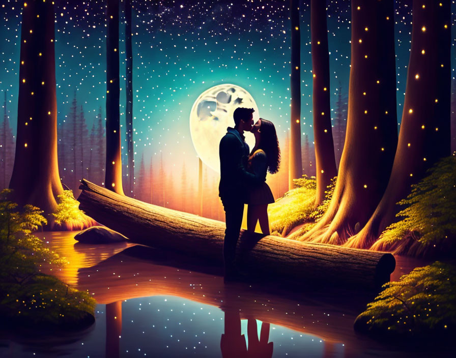 Embracing couple on fallen tree in moonlit magical forest