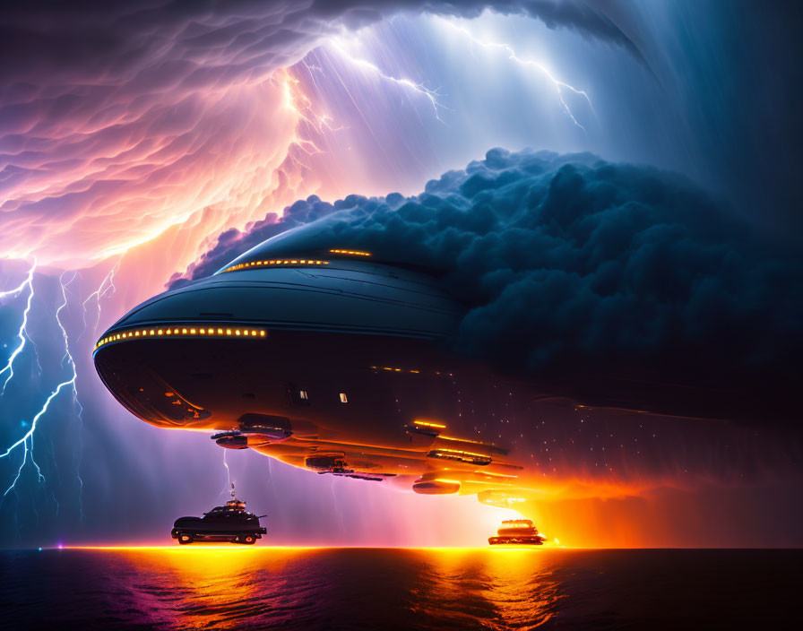 Futuristic spaceship over glowing ocean with lightning in dramatic sci-fi scene