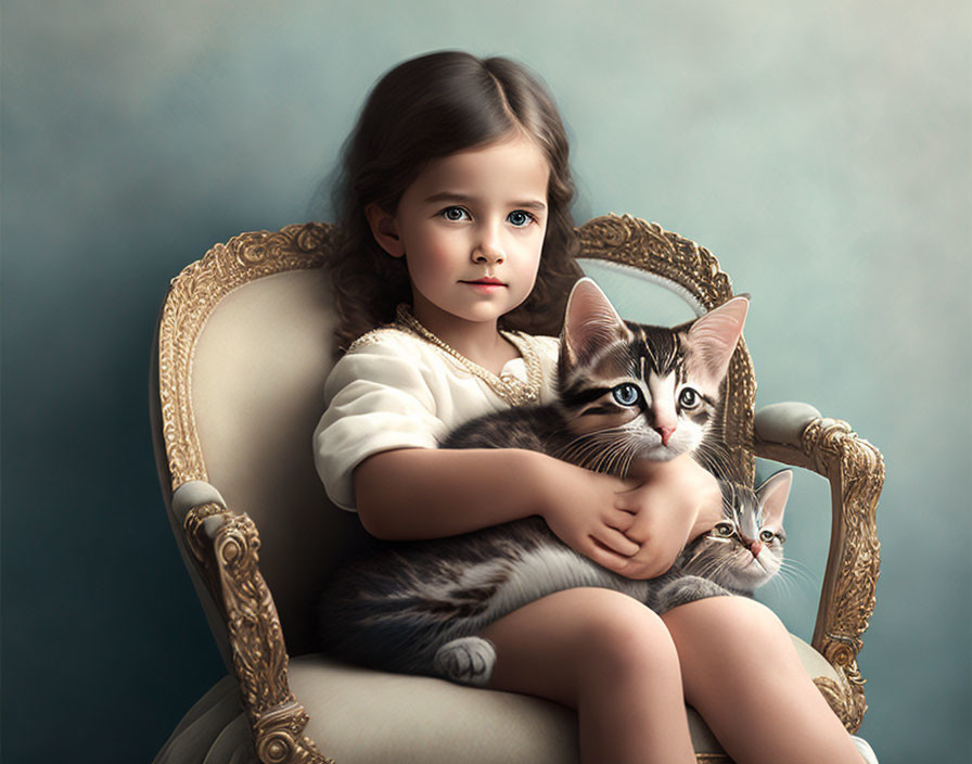 Young girl with brown hair holding two kittens on golden chair against blue background