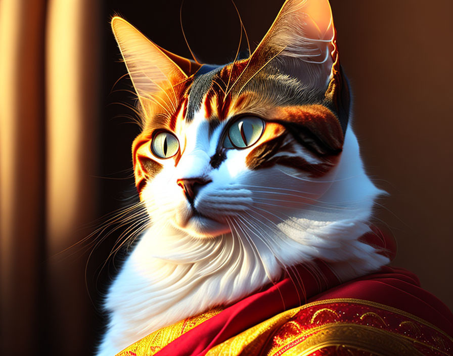 Majestic cat with green eyes in red and gold fabric