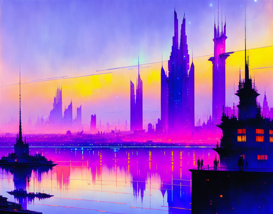 Futuristic cityscape at dusk: towering spires, neon lights & silhouettes