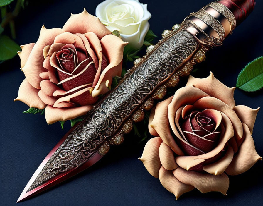 Intricate floral patterned dagger with roses on dark background