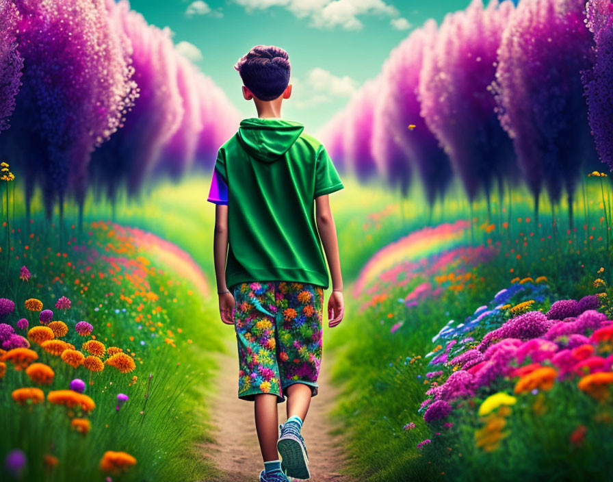 Boy walking on colorful flower-bordered path under clear sky