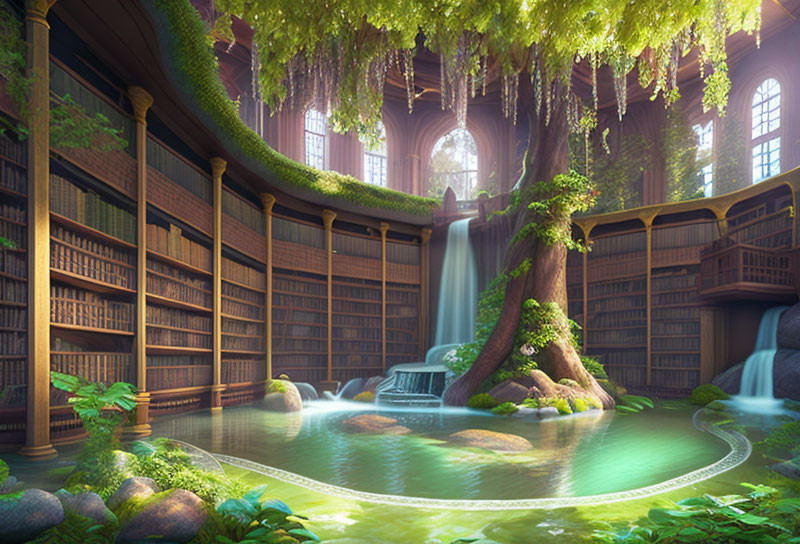 Enchanting library with towering bookshelves, lush greenery, serene pond, waterfalls,