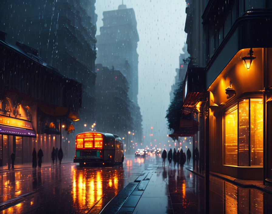 City street at dusk with rain, silhouettes of people, glowing bus, and illuminated storefronts