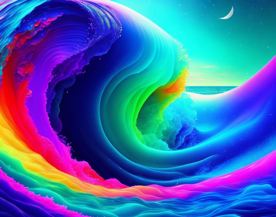 Colorful Digital Artwork: Wave with Rainbow Hues in Sunset Sky