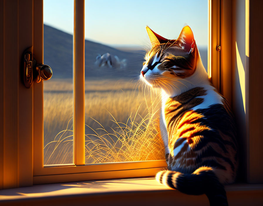 Striped fur cat enjoys sunset view by window