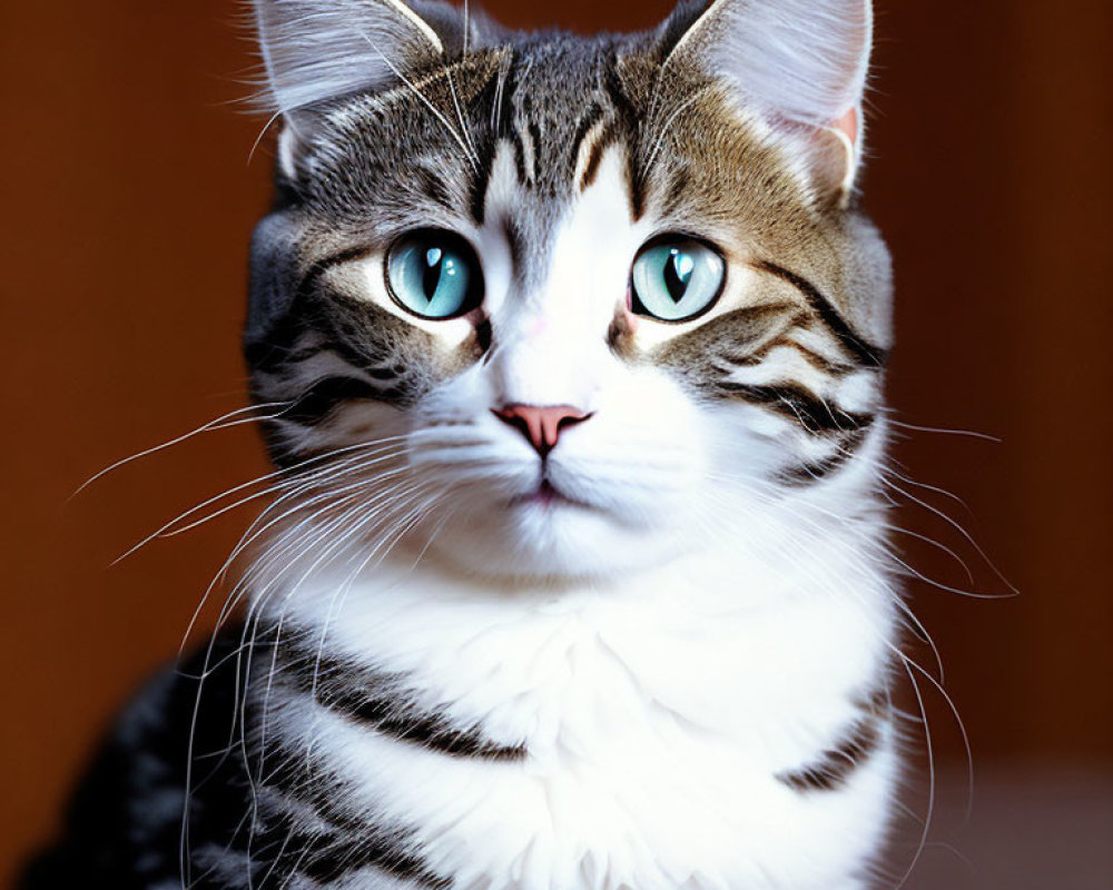 Detailed Close-Up of Black and Grey Striped Cat with White Fur and Green Eyes