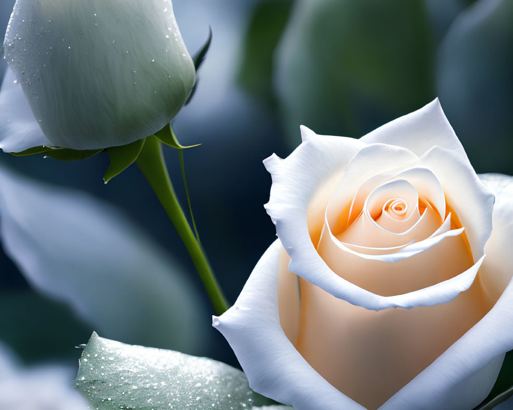 White Rose with Peach Center Covered in Water Droplets on Blurred Green Background