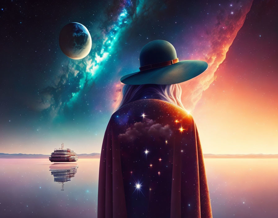 Person in Wide-Brimmed Hat and Cape in Cosmic Scene with Stars, Galaxy, Spaceship,