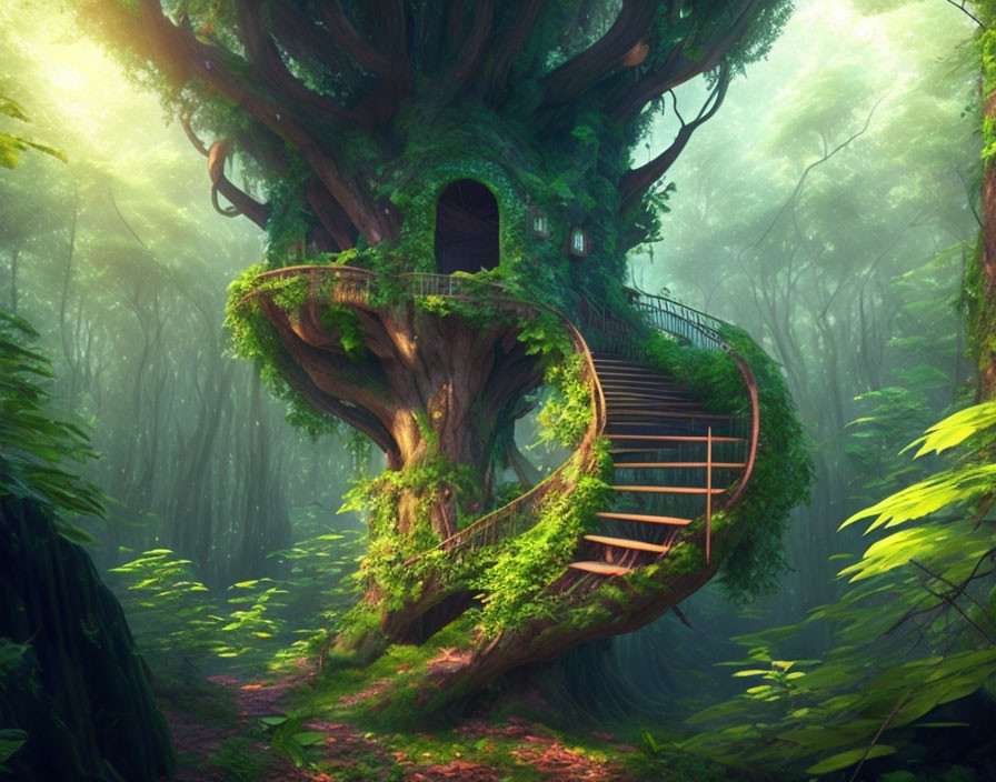 Whimsical treehouse with spiraling stairs in lush green forest