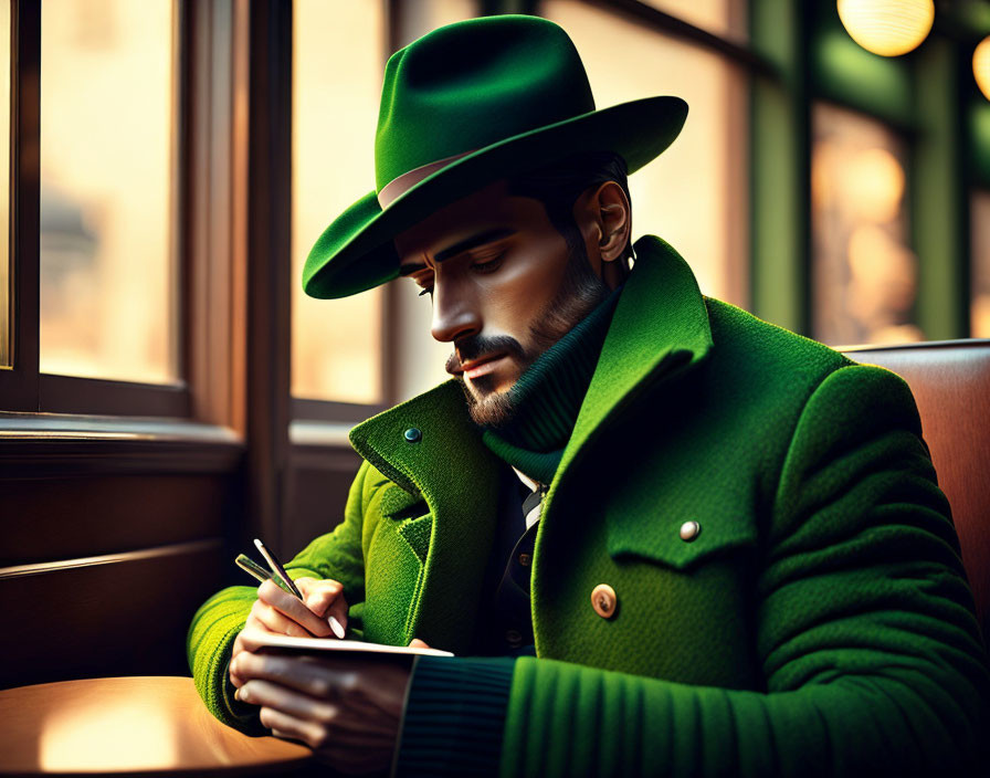 Man in Vibrant Green Hat and Coat Writing in Cafe