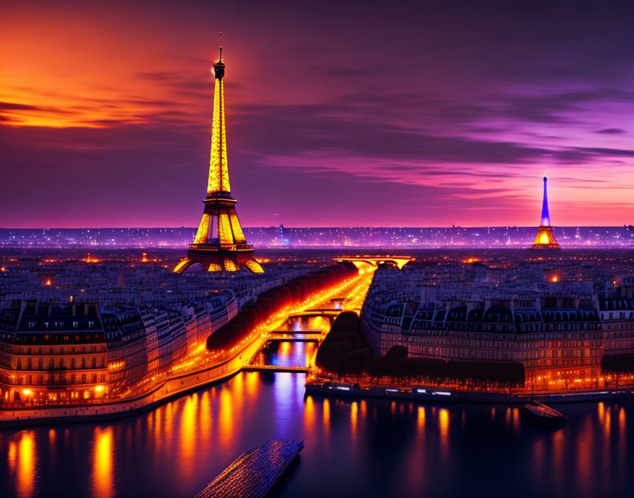 Vivid Paris sunset with Eiffel Tower and city lights reflecting in Seine River