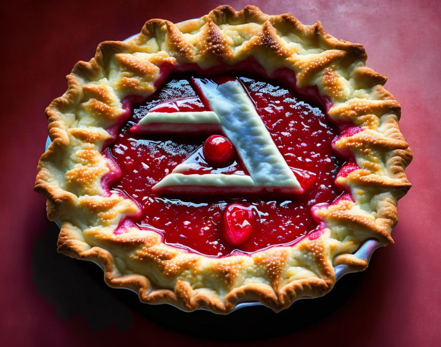 Golden lattice cherry pie on dark plate against red background