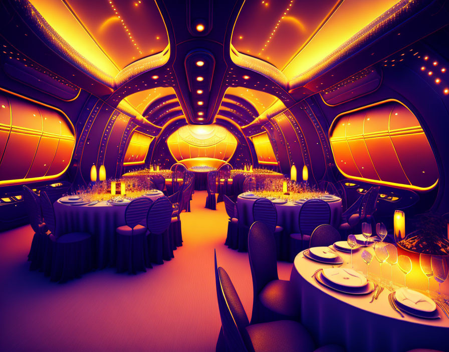 Futuristic Restaurant Interior with Orange and Purple Lighting