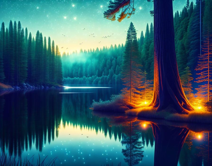 Forest Lake Night Scene with Neon Blue and Orange Lighting