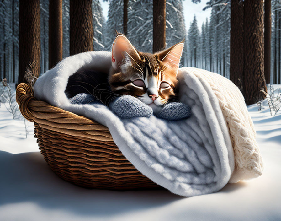 Cat Sleeping in Wicker Basket with Snowy Forest Background