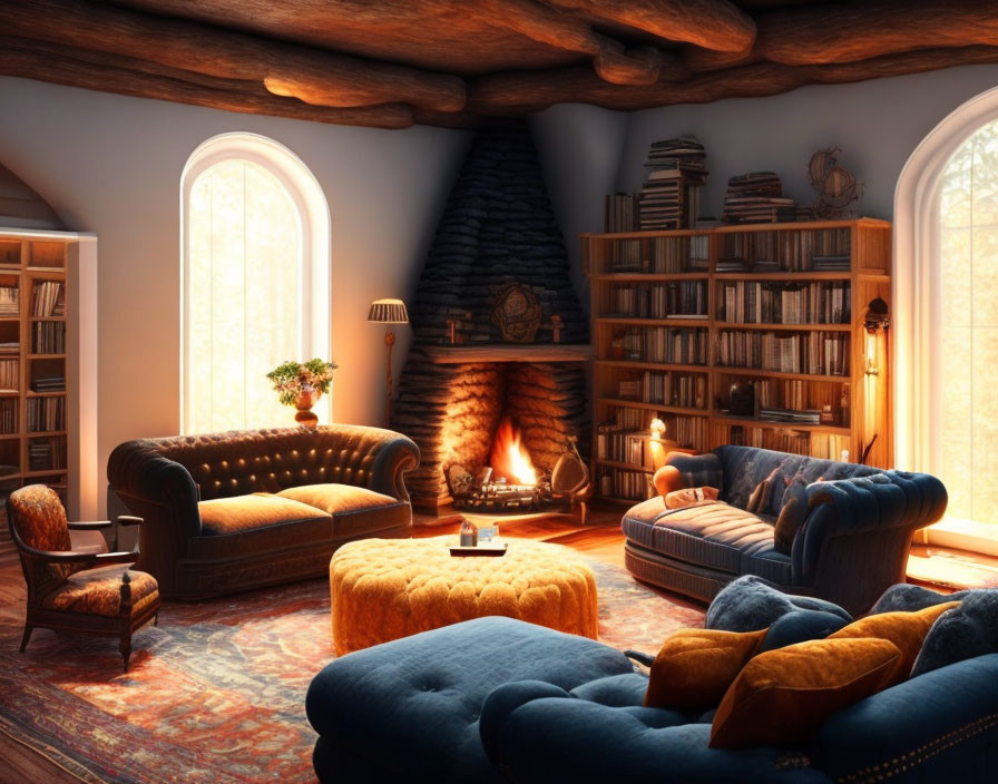 Warm Living Room with Fireplace, Plush Sofas, Bookshelves, Rug, and Arched