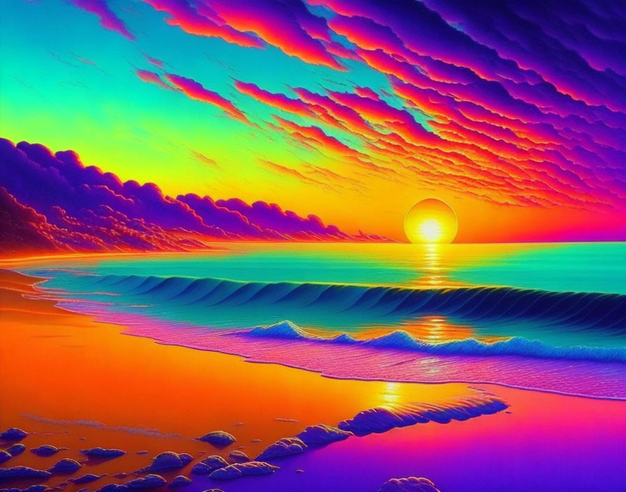 Vivid Surreal Landscape with Radiant Sunset and Rippled Water