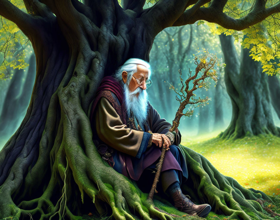 Elderly wizard with staff under ancient tree in forest