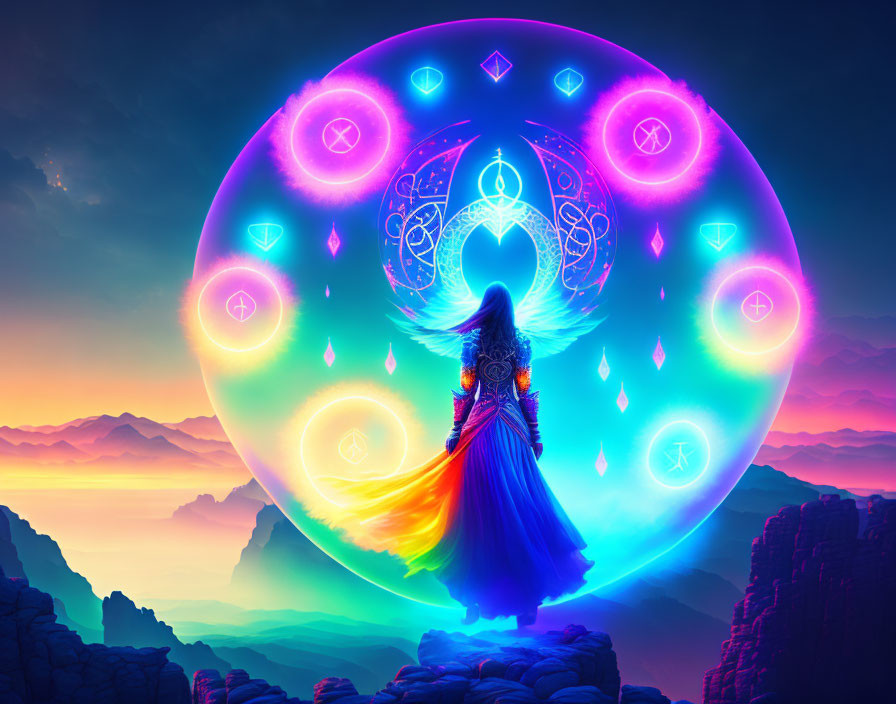 Mystical figure in vibrant robes before glowing magical circle in surreal landscape