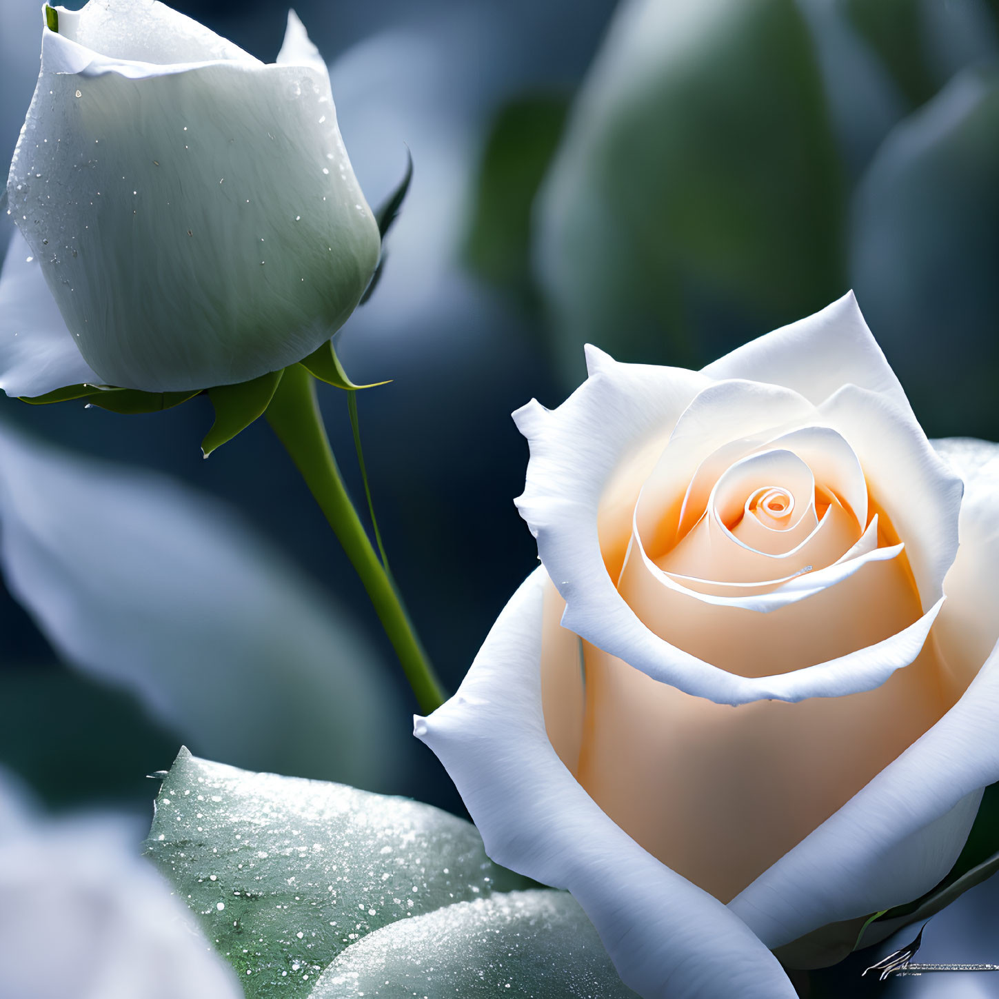 White Rose with Peach Center Covered in Water Droplets on Blurred Green Background