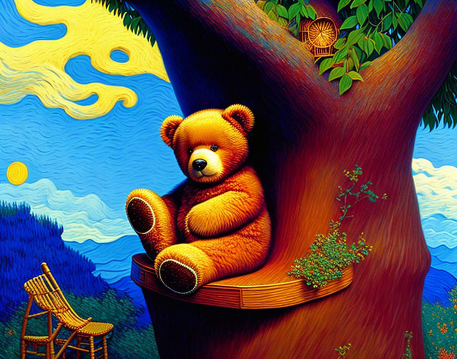 Plush teddy bear on tree branch with surrealistic sky and empty rocking chair