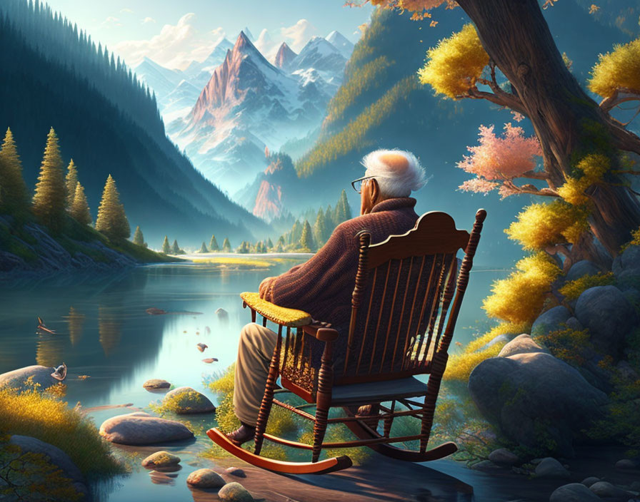 Elderly person in rocking chair by river with autumn trees and mountain backdrop.