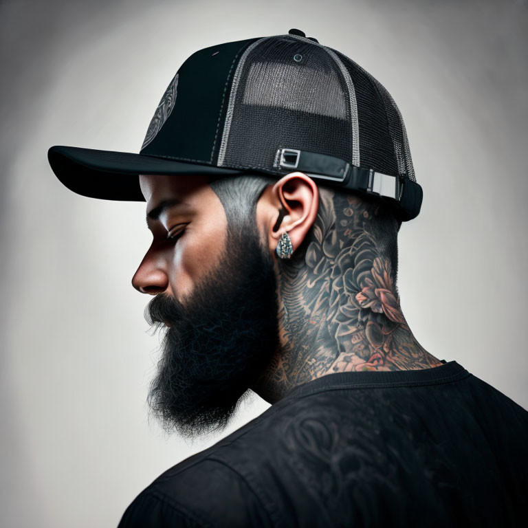 Bearded man with neck tattoos in snapback cap