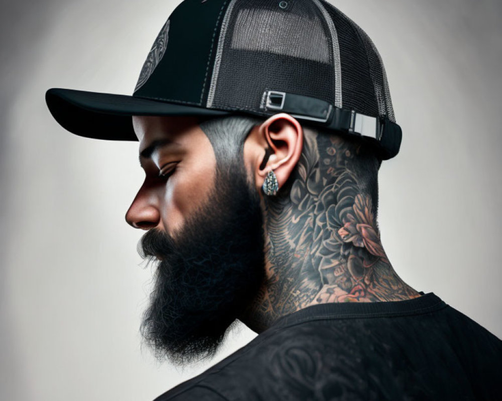 Bearded man with neck tattoos in snapback cap