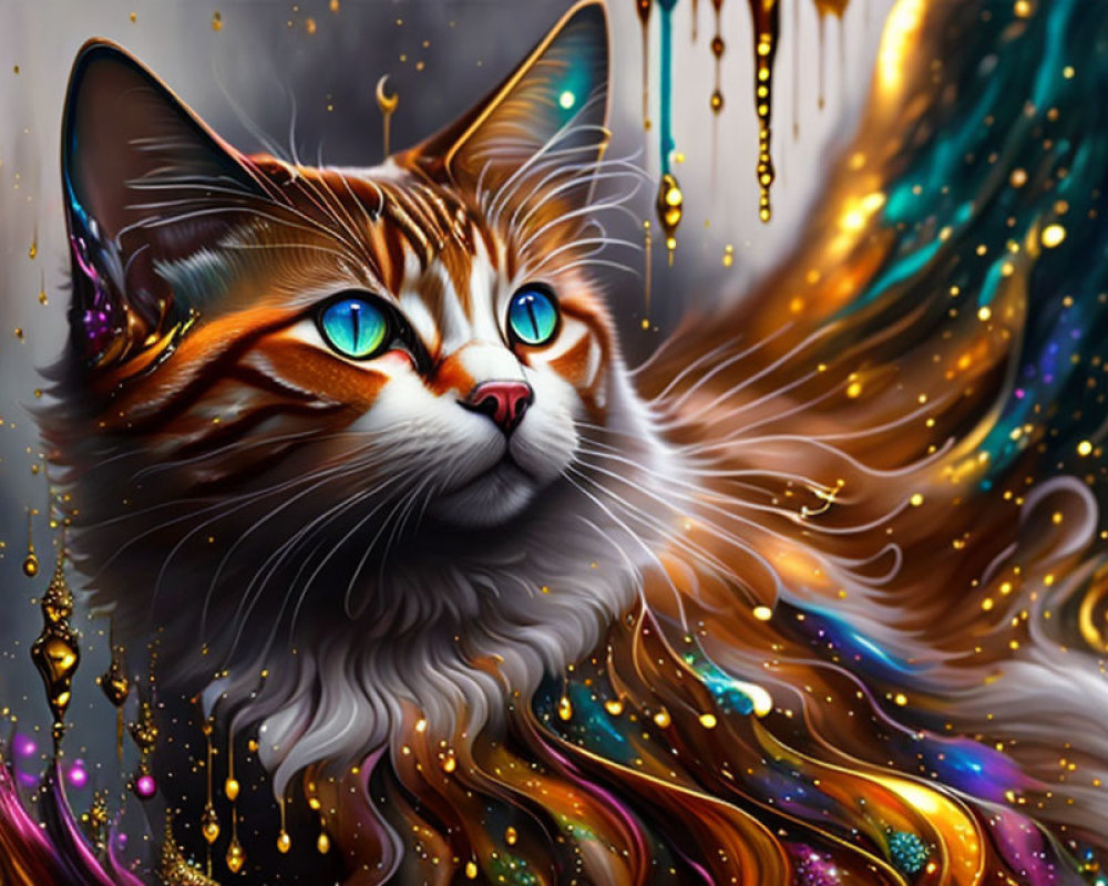 Colorful Digital Art: Cat with Blue Eyes & Multicolored Fur