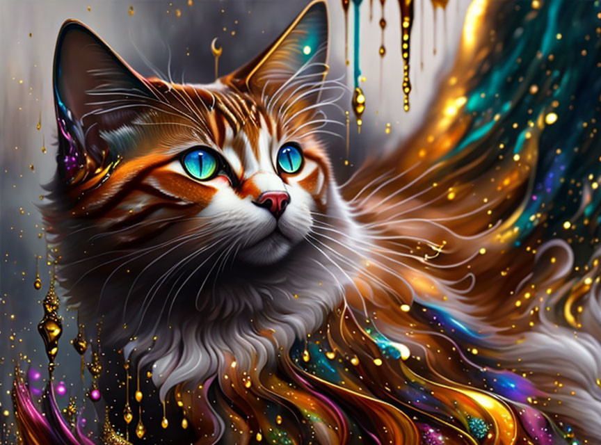 Colorful Digital Art: Cat with Blue Eyes & Multicolored Fur