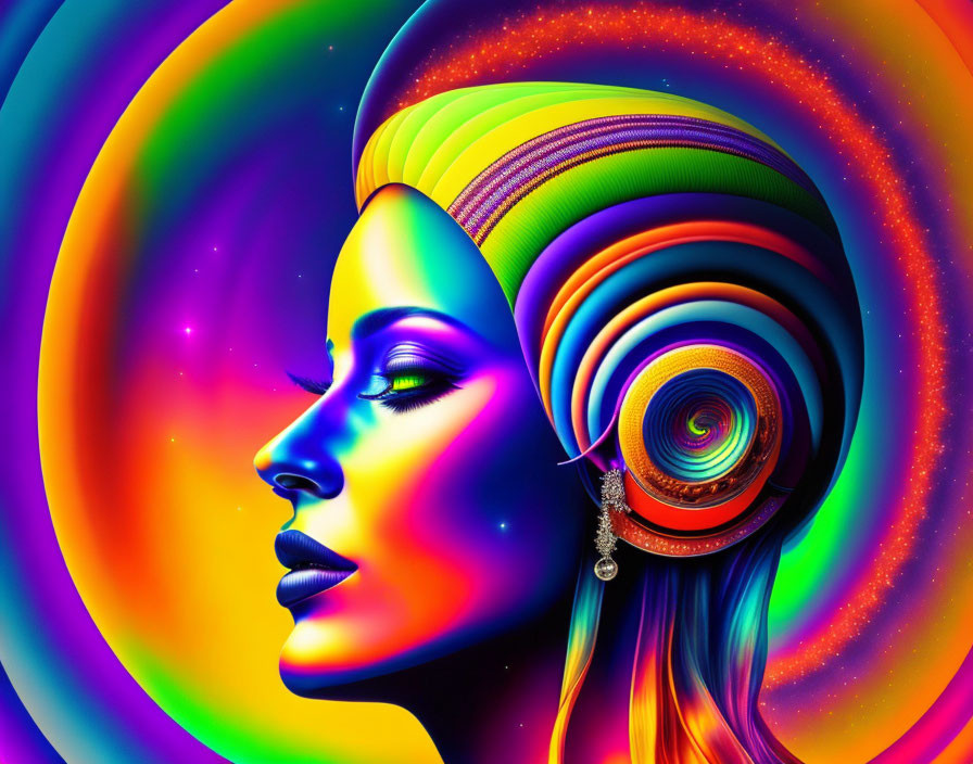 Colorful digital artwork: Woman's profile with abstract hair & rainbow background