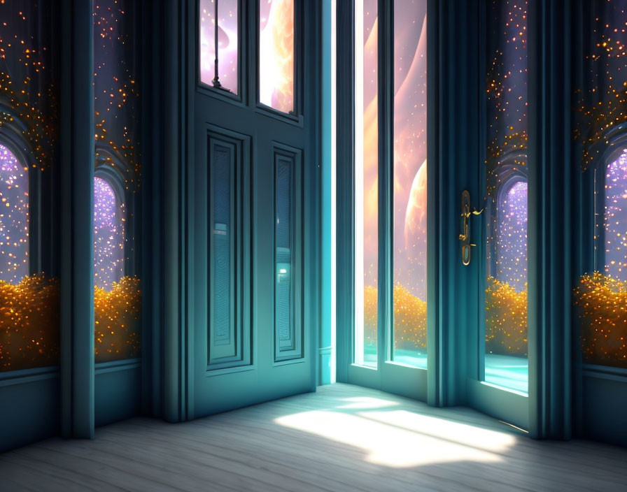 Empty room with tall windows and blue walls, featuring surreal cosmic view.