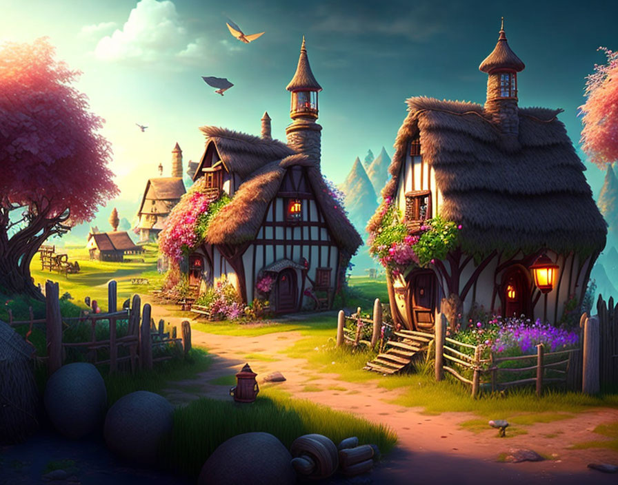 Enchanting fantasy village with thatched cottages and stone structures