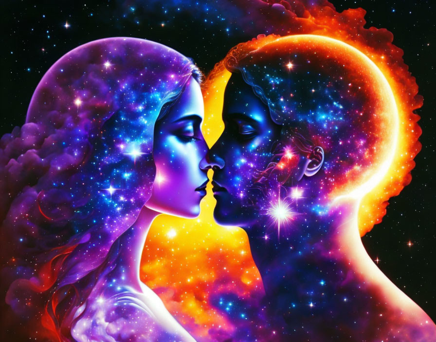 Digital Artwork: Man and Woman Silhouettes with Cosmic Bodies and Starry Galaxy Background