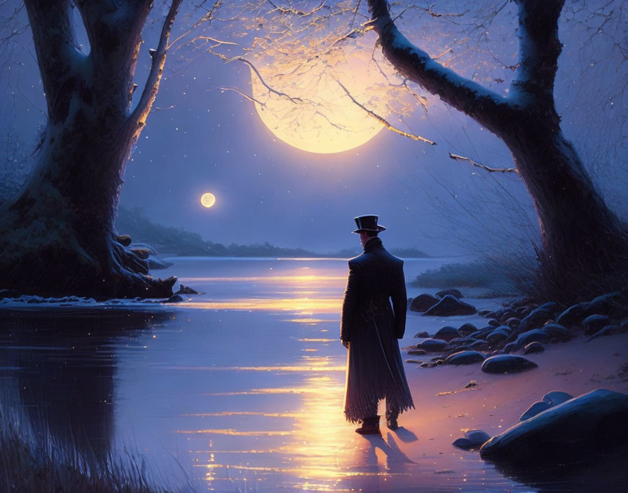 Cloaked figure by tranquil riverside under radiant moon