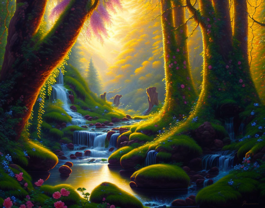 Fantastical landscape with waterfalls, greenery, and warm sunlight