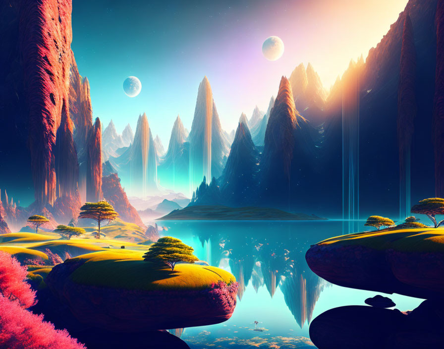 Fantastical landscape with towering spires, reflective lake, lush vegetation, and two moons